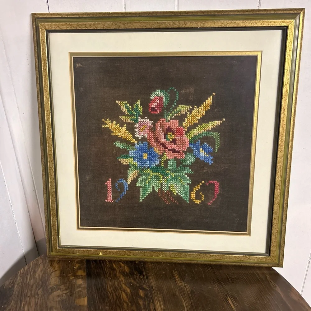 Framed Vintage Floral Cross-Stitch Artwork from 1967 - Picture 1 of 6